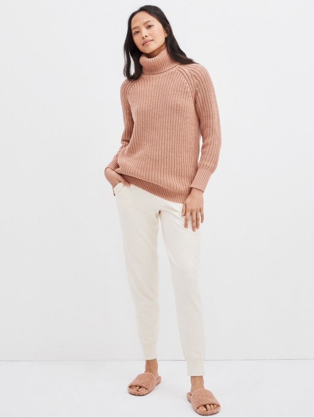 Haven Well Within Shaker Knit Chunky Funnel Neck Sweater Boxy Relaxed Peach, M